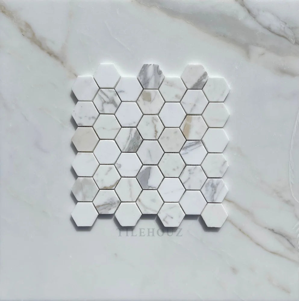 Calacatta Gold marble 2” hexagon mosaic tile, white with gray veining, polished & honed, Tilehouz wall/ceiling tile