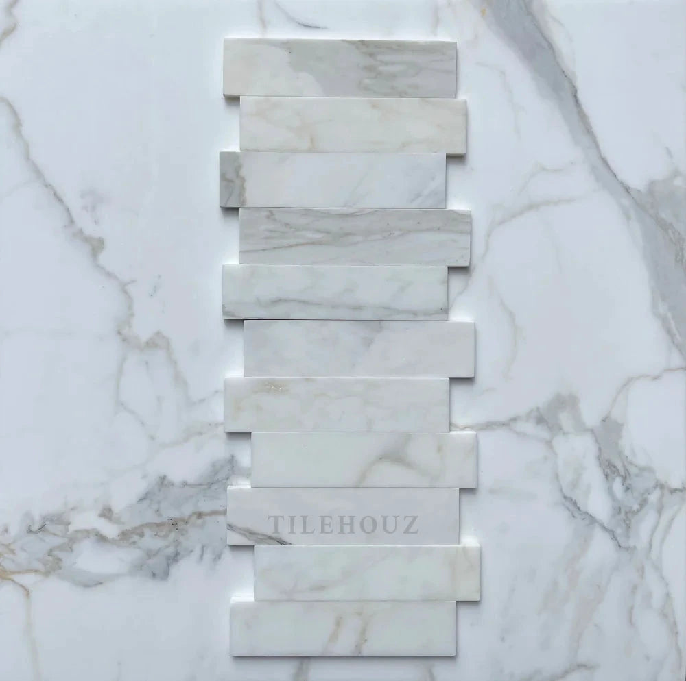 Calacatta Gold Marble 2x8 Tile by Tilehouz; white marble wall tile with gray veining and polished/honed finish