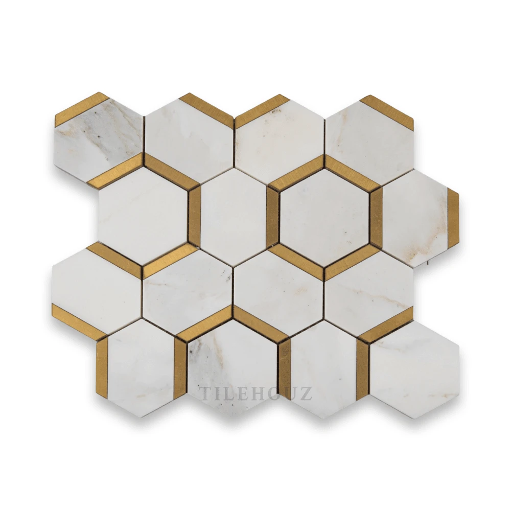 Calacatta Gold marble 3-inch hexagon tile mosaic with brass trim, TileHouz