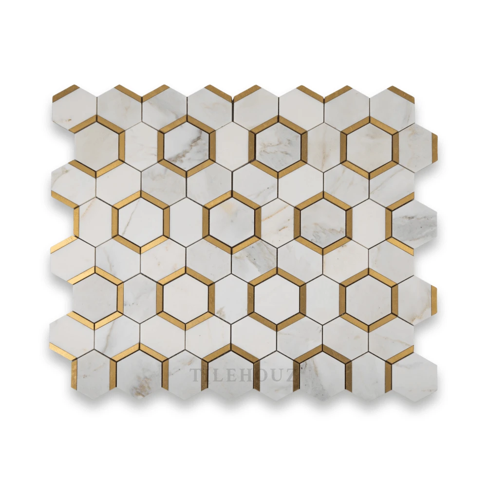 Calacatta Gold marble hexagon mosaic with brass-edged outlines; 3-inch wall/ceiling tile sheet by Tilehouz