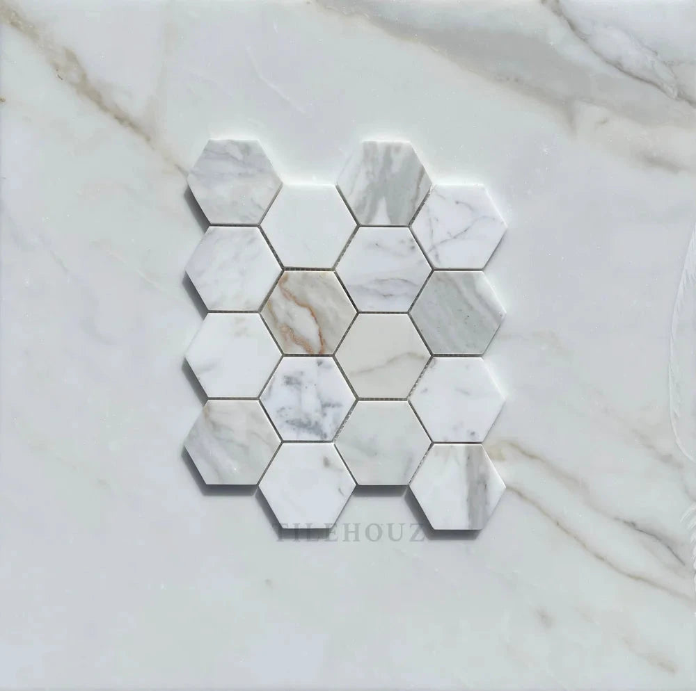 Calacatta Gold marble 3-inch hexagon mosaic tile, polished and honed finish by Tilehouz