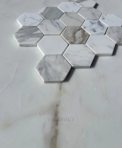 Calacatta Gold Marble 3 Hexagon Mosaic Tile Polished&Honed