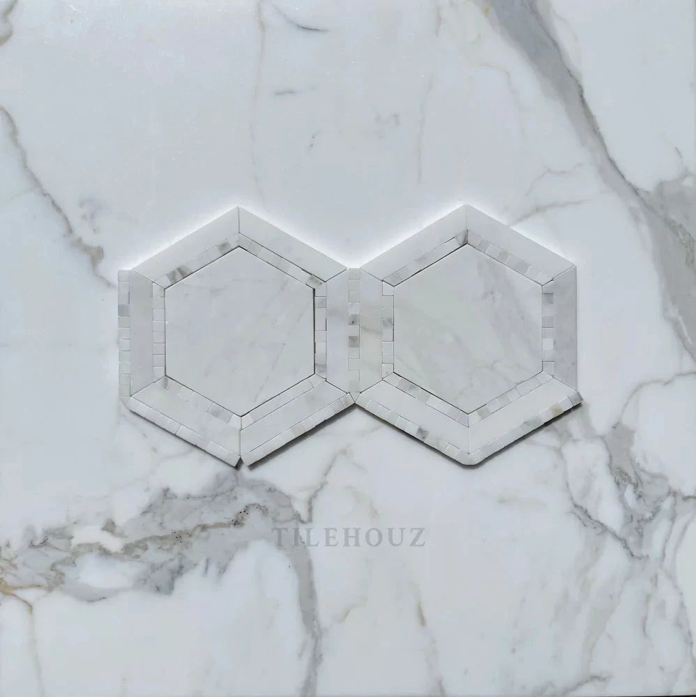 Calacatta Gold marble 5-inch combo hexagon mosaic, polished/honed, 2-piece Tilehouz