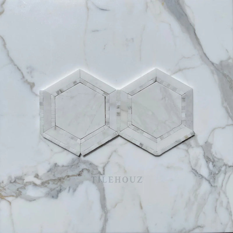 Calacatta Gold Marble 5 Combo Hexagon (8X9) Mosaic W/Calacatta Dots Polished/Honed