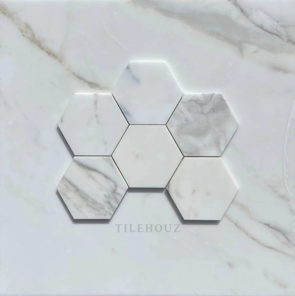 Calacatta Gold marble hexagon mosaic tiles by Tilehouz, 5 in, polished and honed finish