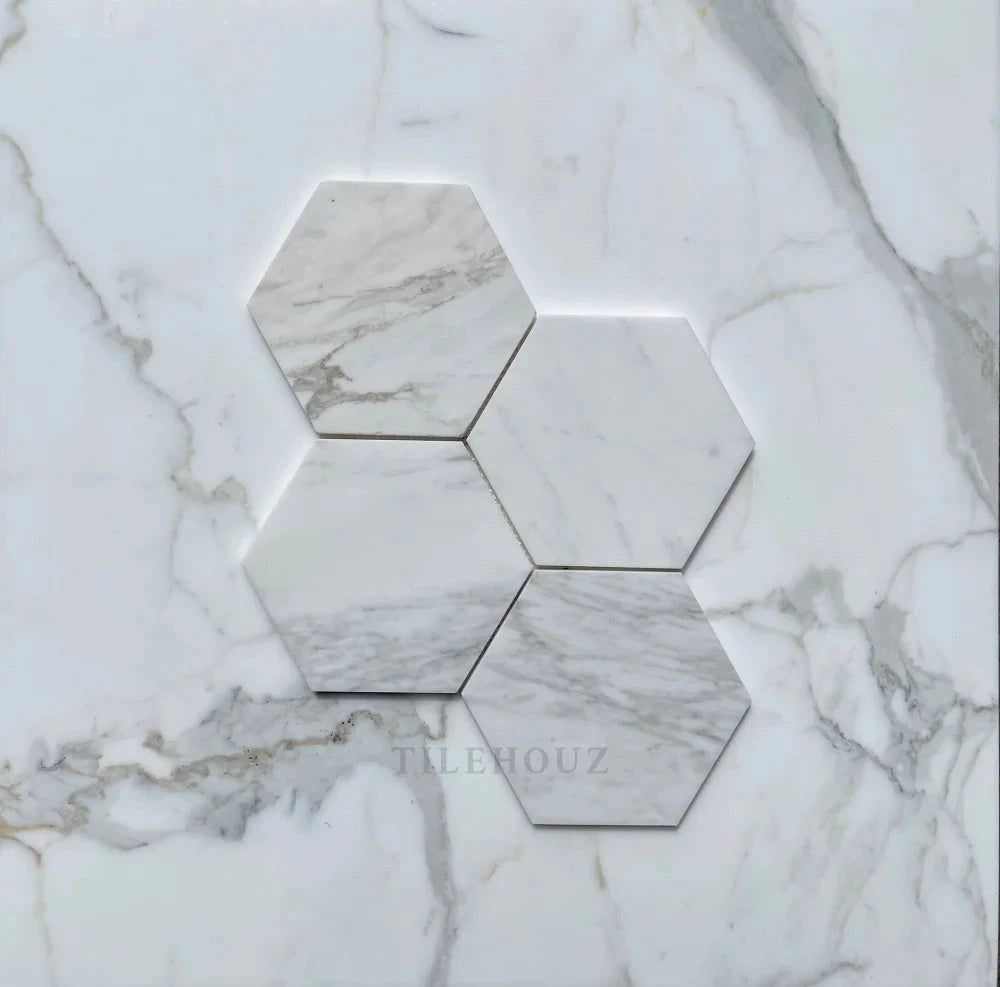 Calacatta Gold Marble 6-inch hexagon mosaic tile set of four, white with gray veining, polished/honed finish, Tilehouz