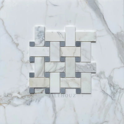 Calacatta Gold Marble Large Basketweave Mosaic W/Bardiglio-Gray Dots Polished/Honed