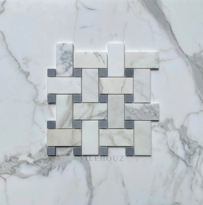 Calacatta Gold Marble Large Basketweave Mosaic W/Bardiglio-Gray Dots Polished/Honed