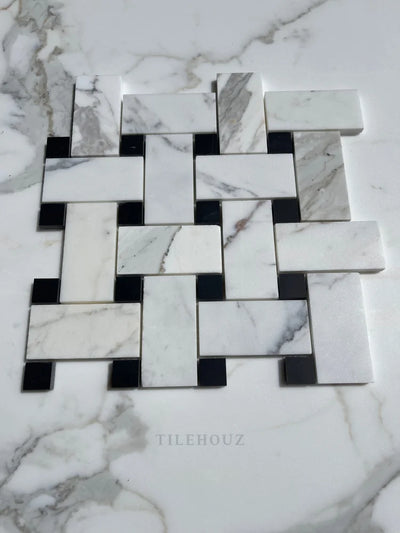 Calacatta Gold Marble Large Basketweave Mosaic W/Black Dots Polished/Honed