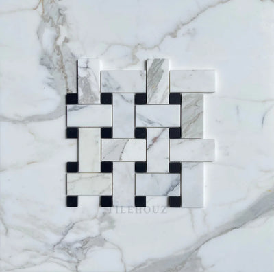 Calacatta Gold Marble Large Basketweave Mosaic W/Black Dots Polished/Honed