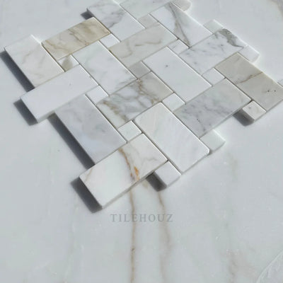 Calacatta Gold Marble Large Basketweave Mosaic W/Calacatta Dots Polished/Honed