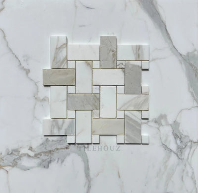 Calacatta Gold Marble Large Basketweave Mosaic W/Calacatta Dots Polished/Honed