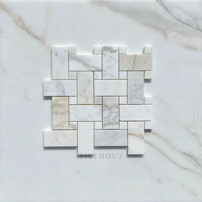 Calacatta Gold Marble Large Basketweave Mosaic W/Calacatta Dots Polished/Honed