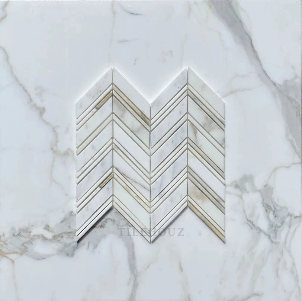 Calacatta Gold marble large chevron mosaic tile by Tilehouz, polished and honed, with gold strips