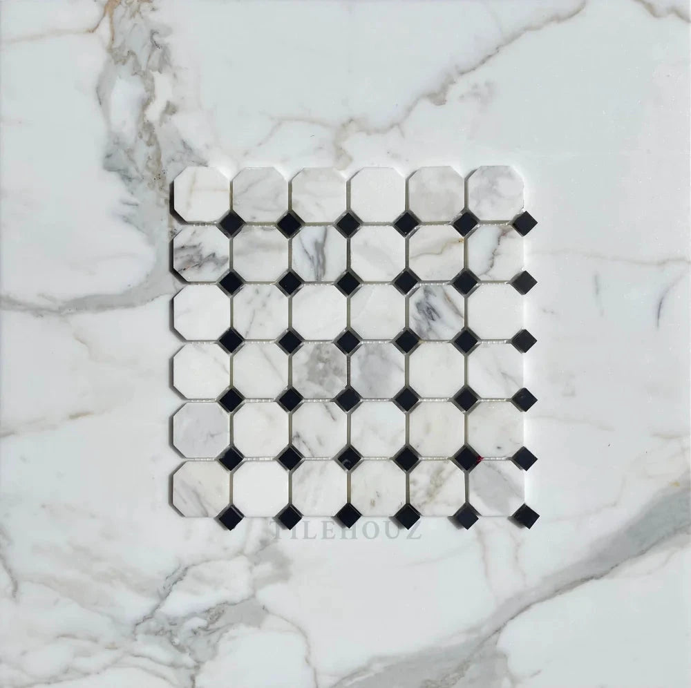 Calacatta Gold marble octagon mosaic with black dots, polished/honed finish, wall & ceiling tile by Tilehouz
