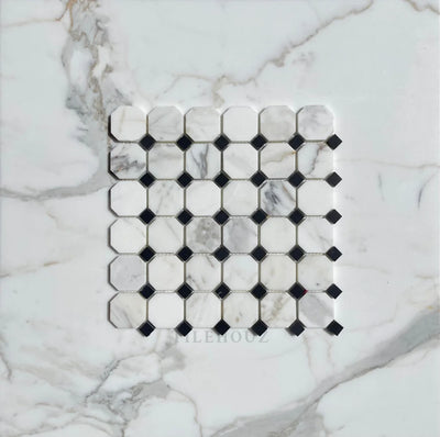 Calacatta Gold Marble Octagon Mosaic W/Black Dots Polished/Honed