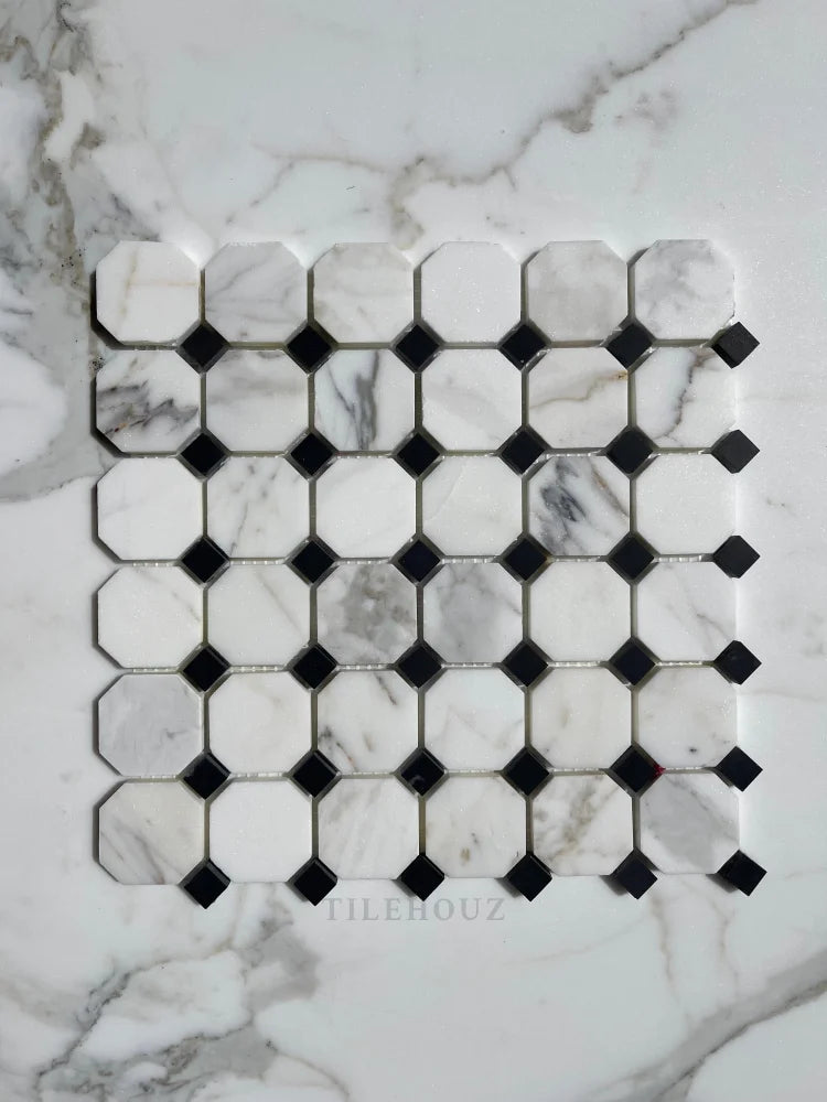 Calacatta Gold Marble Octagon Mosaic W/Black Dots Polished/Honed