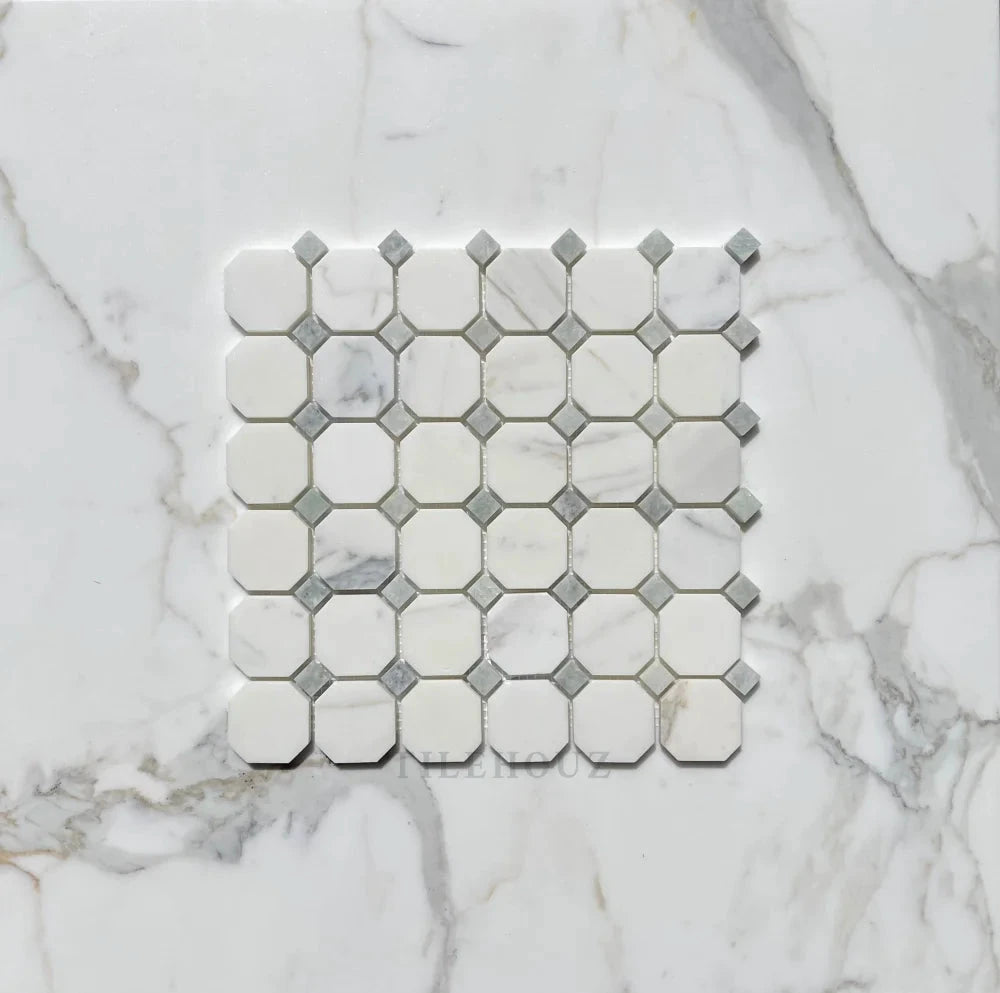Calacatta Gold marble octagon mosaic with green dots, polished/honed finish, Tilehouz