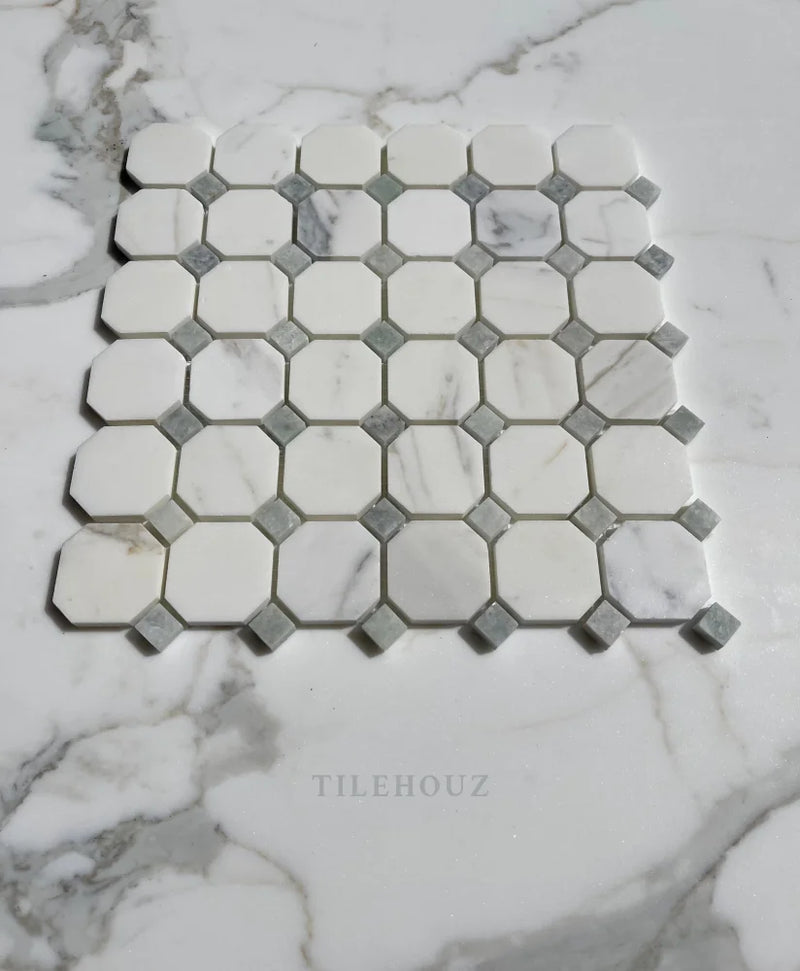 Calacatta Gold Marble Octagon Mosaic W/Green Dots Polished/Honed