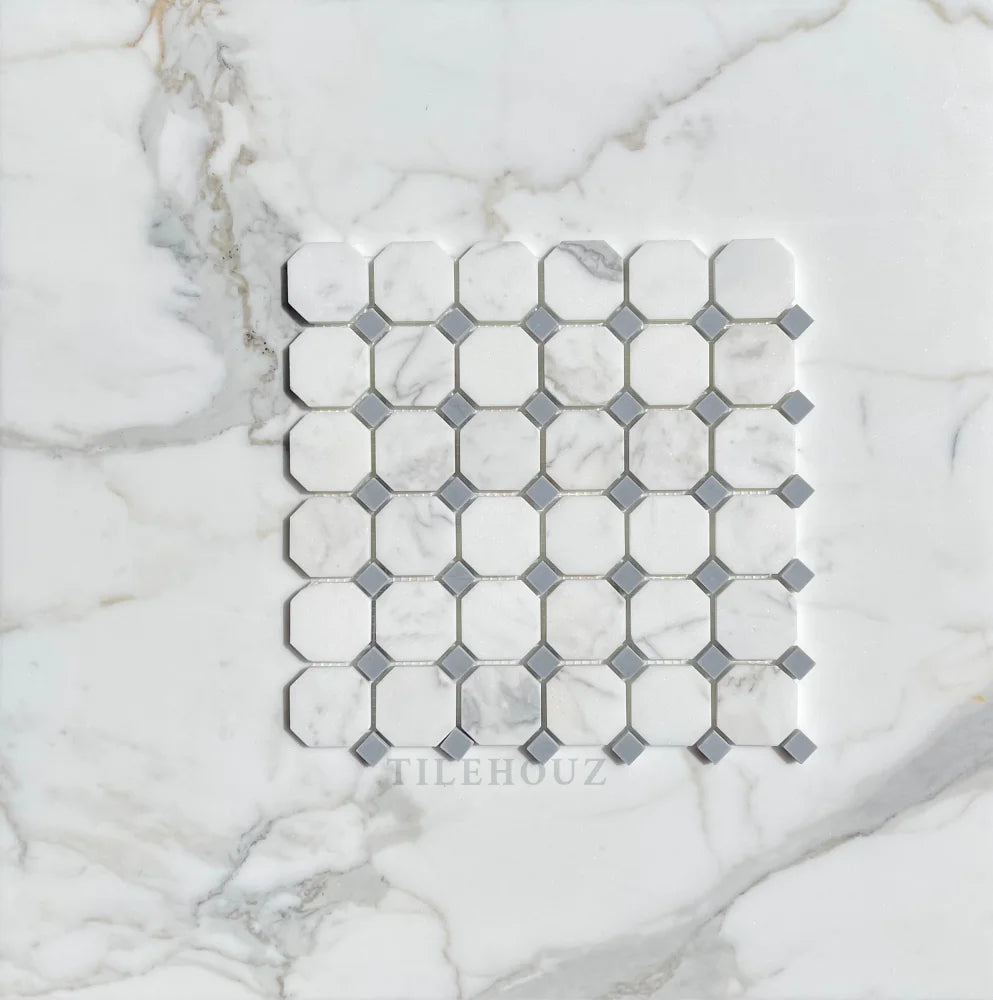 Calacatta marble octagon mosaic tile sheet with Bardiglio-gray dots; white with gray veining, Tilehouz