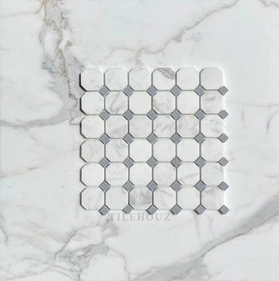 Calacatta Gold Marble Octagon Mosaic With/Bardiglio-Gray Dots Polished/Honed