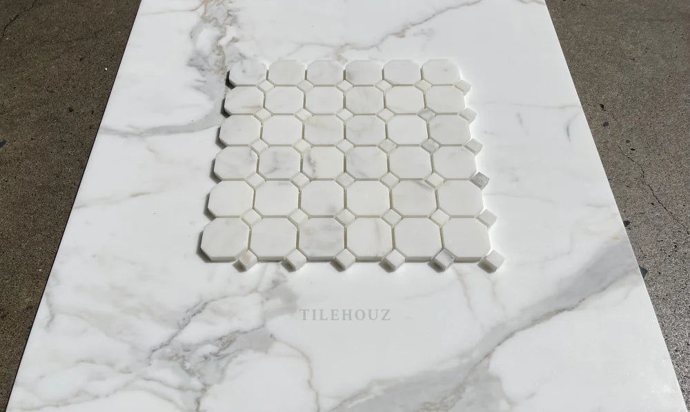 Marble Calacatta Gold Octagon Mosaic with Dots by Tilehouz, polished/honed wall tile sheet