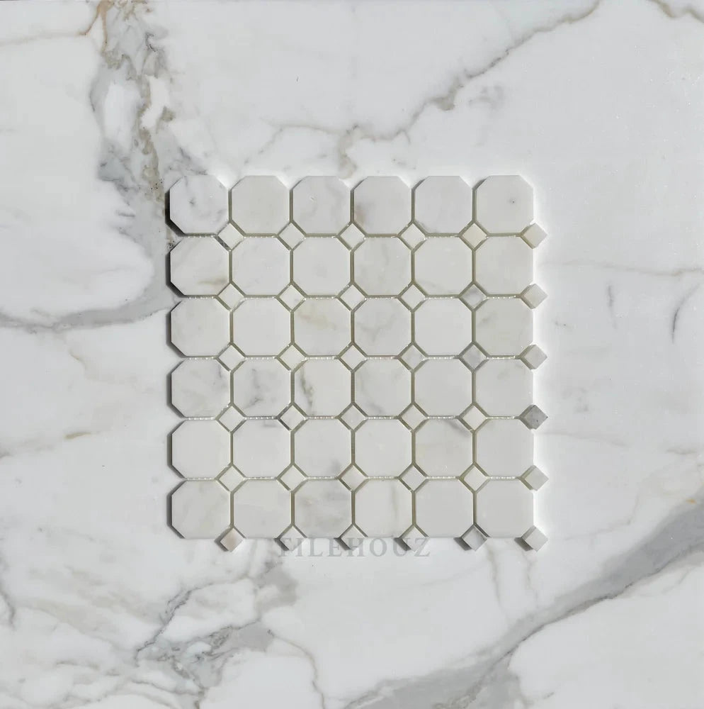 Calacatta Gold Marble Octagon Mosaic with Dots tile sheet by Tilehouz, white with gray veining, polished/honed.