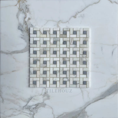 Calacatta Gold Marble Pinwheel Mosaic W/Bardiglio-Gray Dots Polished/Honed