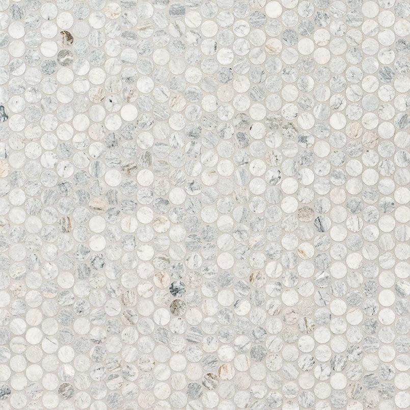 Capri Blue Marble Honed Penny Mosaic marble wall & ceiling tile by Tilehouz in white/grey tones.