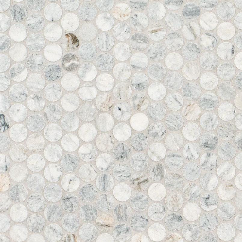 Capri Blue Marble Honed Penny Mosaic marble wall tile by Tilehouz; hundreds of gray-white round pennies