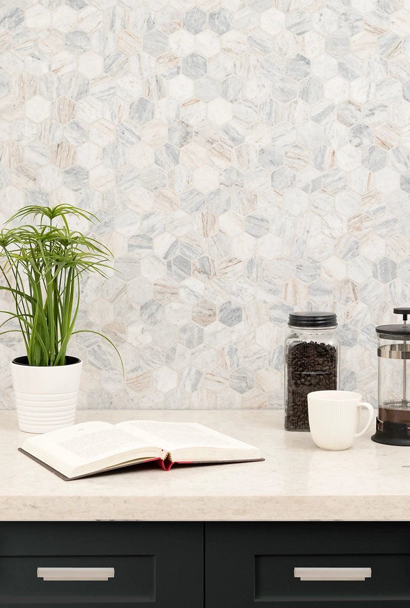 Capri Blue Marble Honed 2-inch Hexagon Mosaic wall tile with gray and white veining