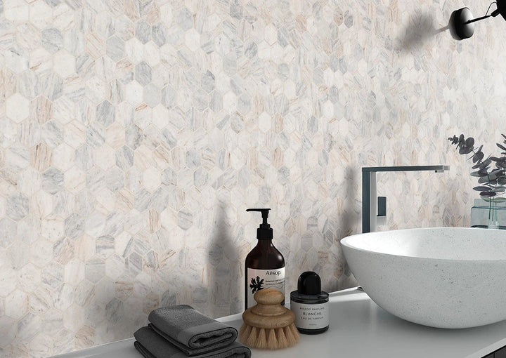 Capri Blue Marble Honed 2-inch Hexagon Mosaic marble wall tile by Tilehouz.