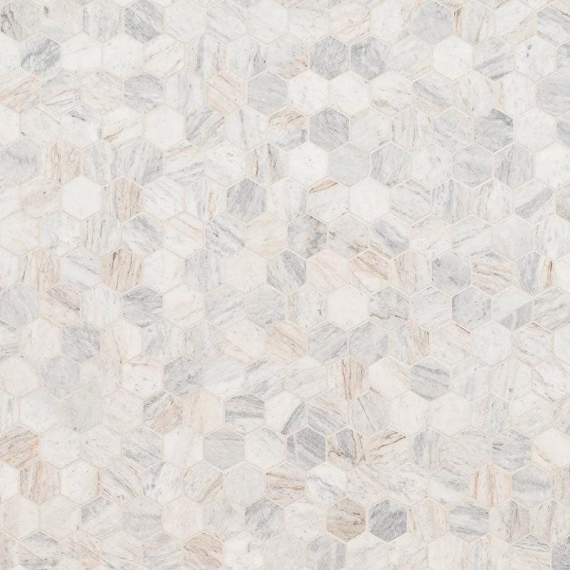 Capri Blue Marble honed 2-inch hexagon mosaic tile for walls and ceilings; pale gray and cream marble pattern.