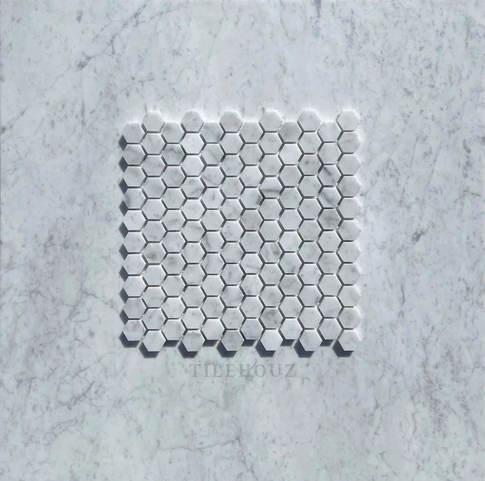 Tilehouz Carrara White Marble 1-in hexagon mosaic tile sheet, polished & honed