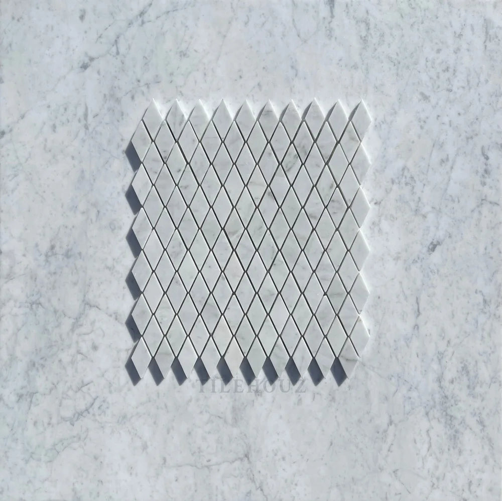 Carrara White Marble 1x2 Diamond Mosaic Tile sheet, polished & honed, wall tile by Tilehouz