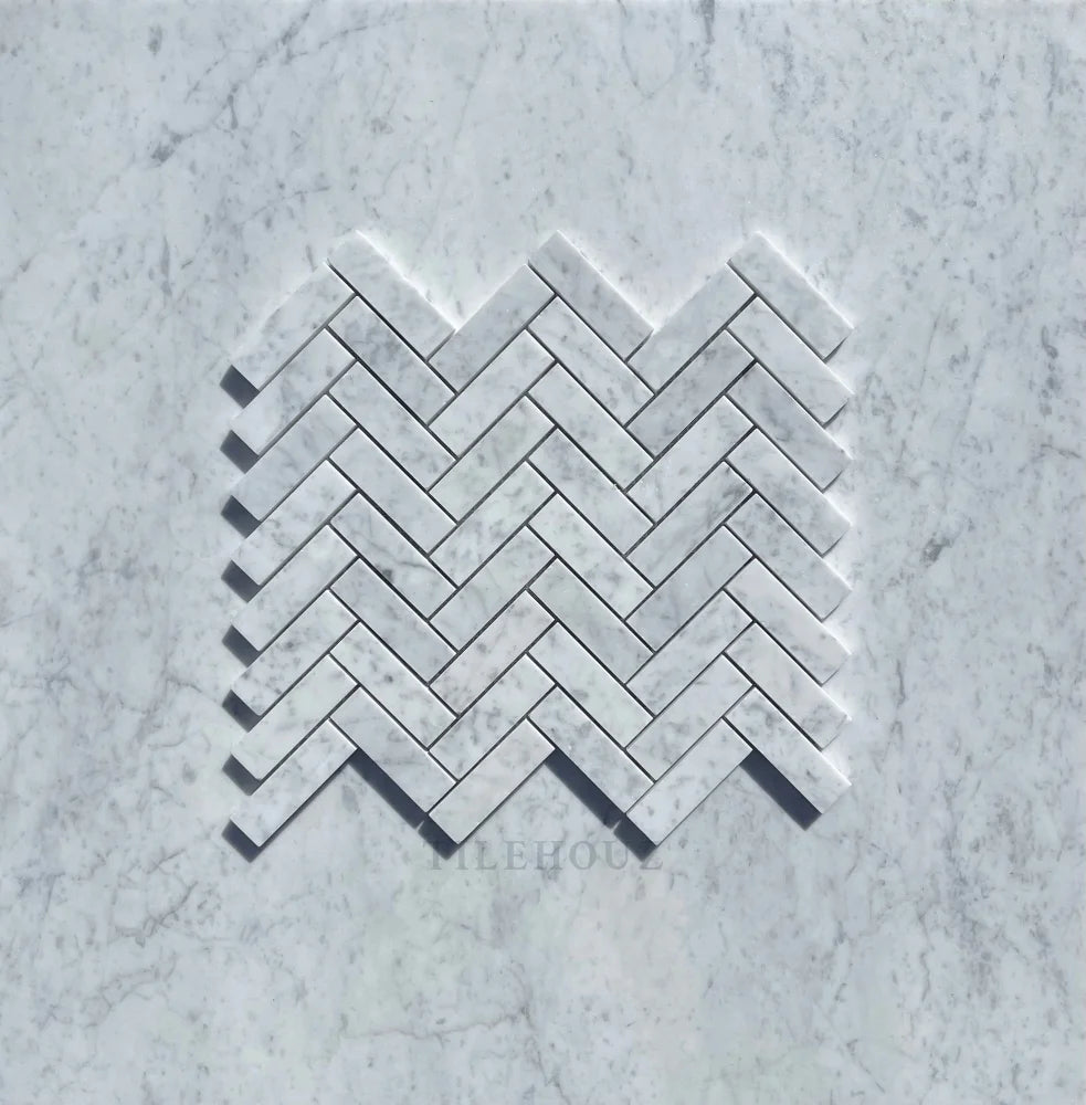 Carrara White Marble 1x3 Herringbone Mosaic tile by Tilehouz; polished & honed