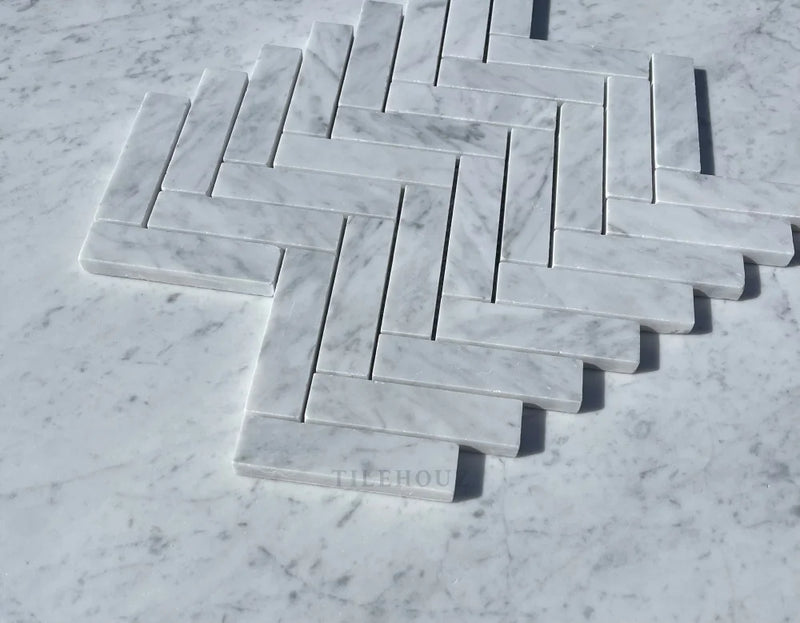 Carrara White Marble 1X4 Herringbone Mosaic Tile Polished&Honed