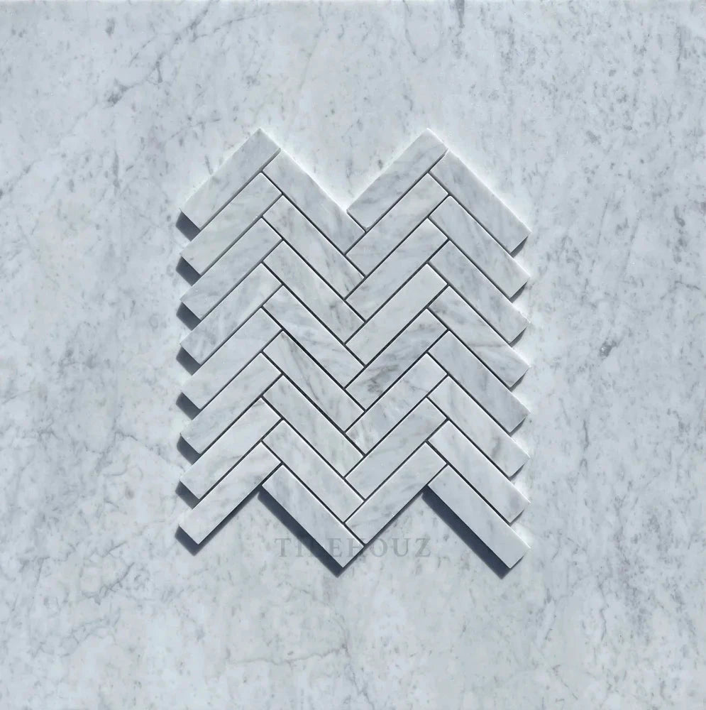 Carrara white marble 1x4 herringbone mosaic tile, polished and honed, Tilehouz wall tile