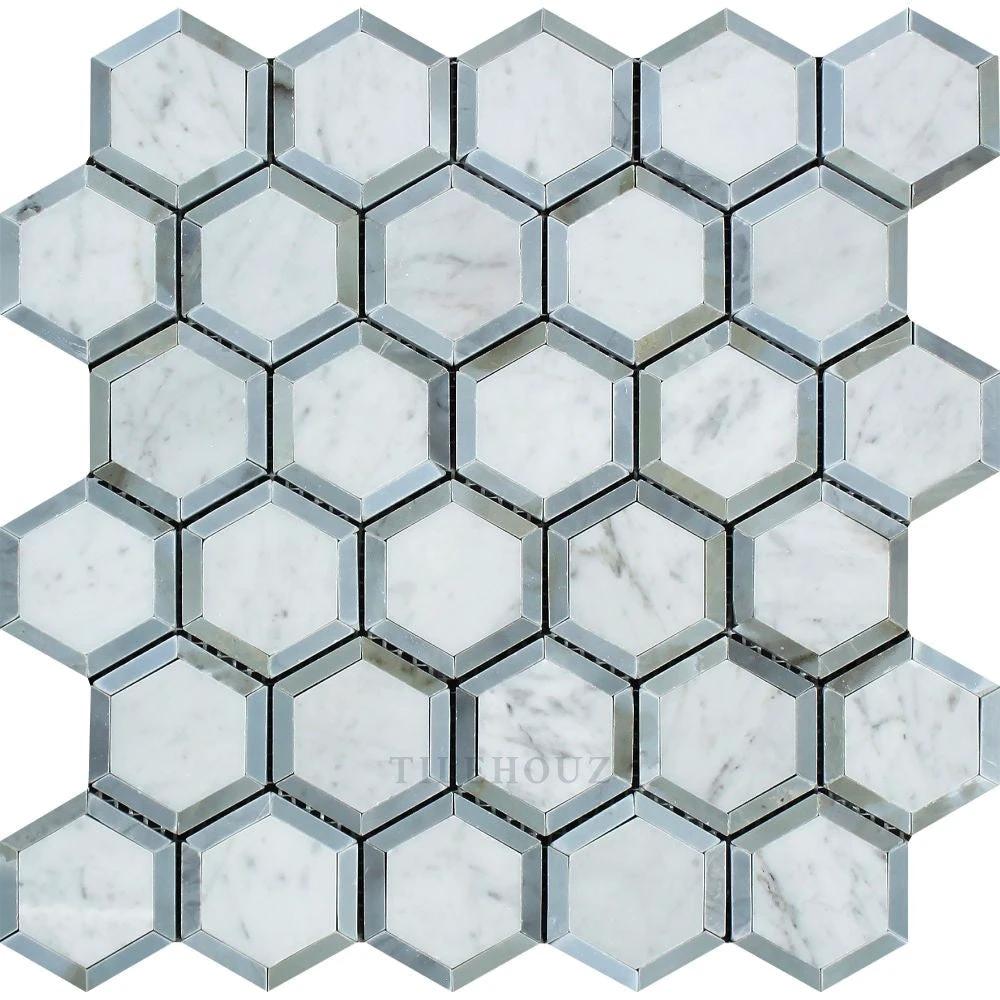 Tilehouz Carrara white marble vortex hexagon mosaic tile, 2.5x2.5 in, Bardiglio blue-gray accents, polished & honed