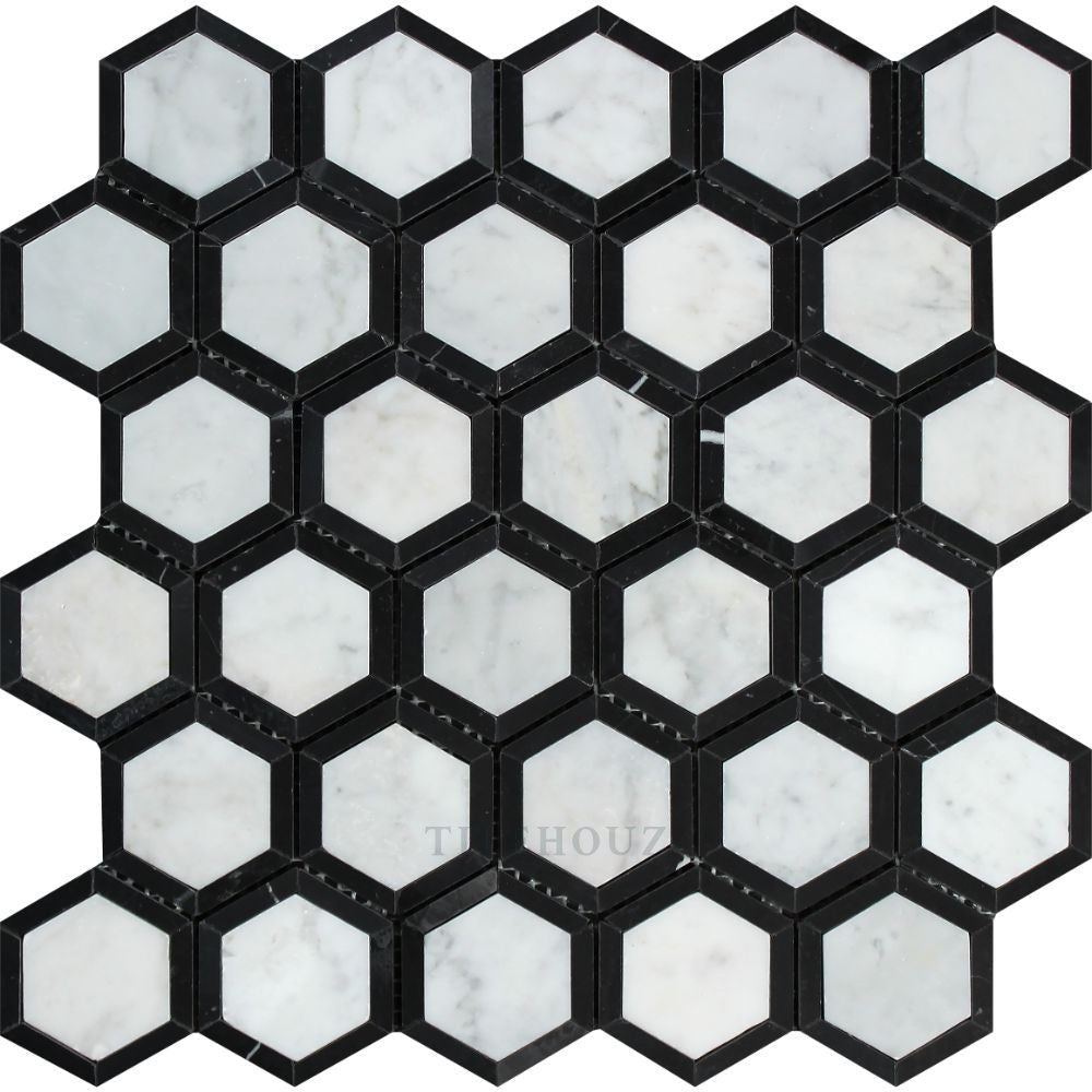 Carrara White Marble Vortex Hexagon Mosaic Tile, 2.5x2.5in, with black borders, polished & honed Tilehouz