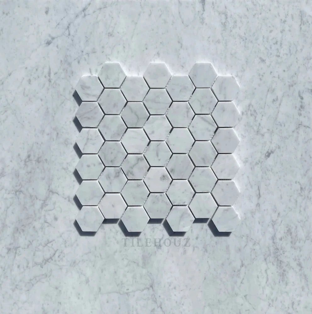 Carrara White Marble 2” Hexagon Mosaic Tile by Tilehouz, polished and honed for wall & ceiling tile