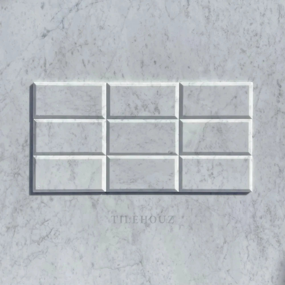 Tilehouz Carrara White Marble 3x6 deep beveled wall tiles, polished & honed finish, 9-piece sheet