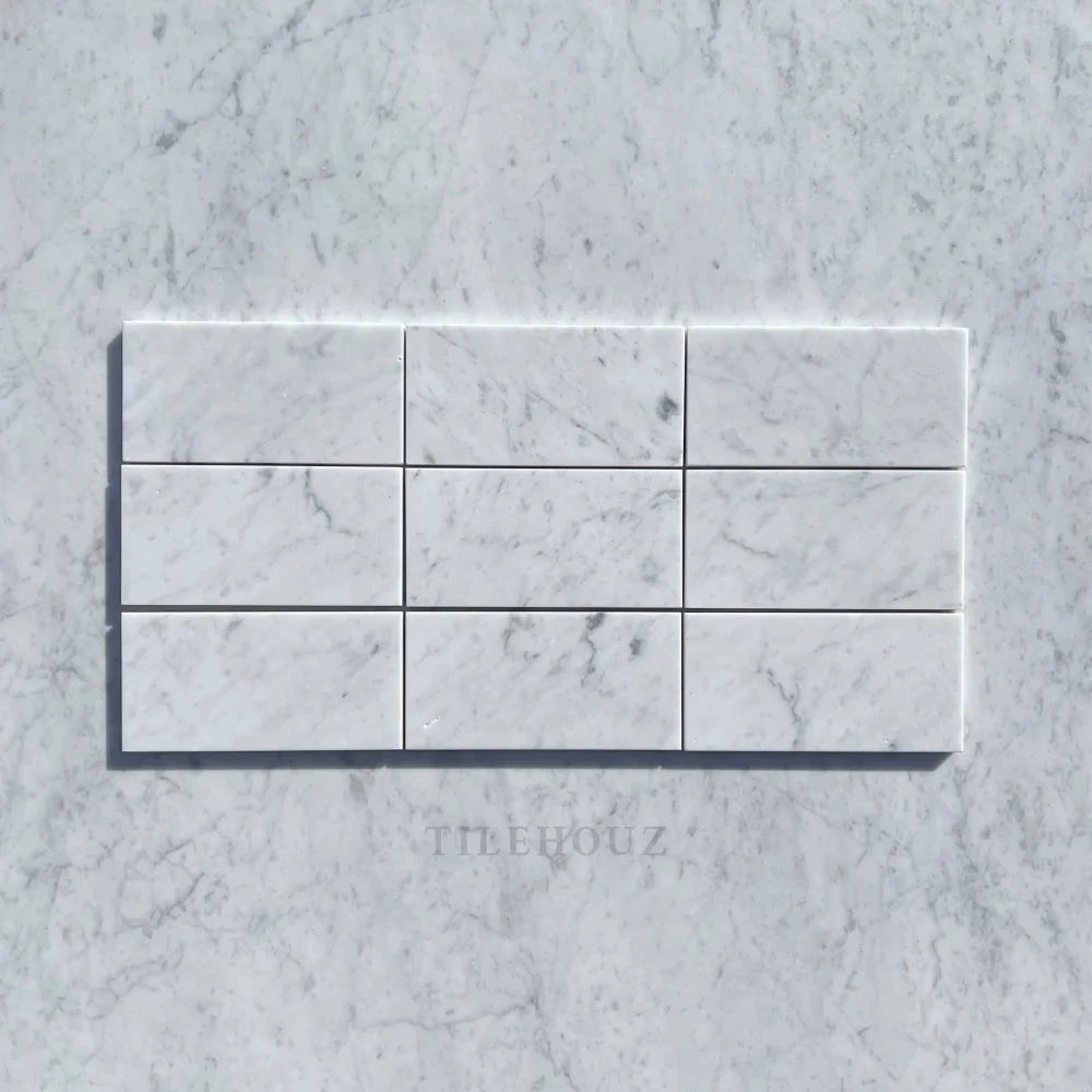 Carrara White Marble 3x6 tile, polished & honed; 9-tile wall & ceiling mosaic by Tilehouz