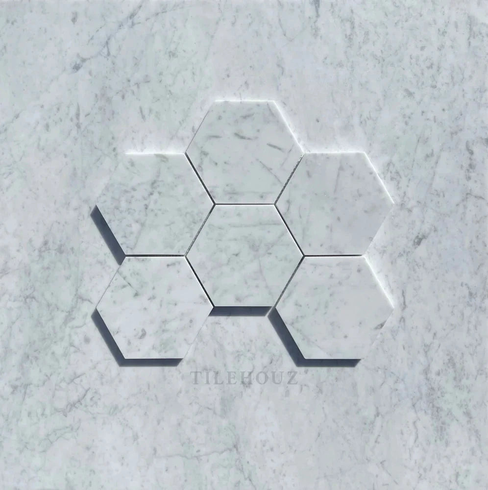 Carrara White Marble 5in Hexagon Mosaic Tile, polished & honed, 6-tile sheet by Tilehouz for wall & ceiling