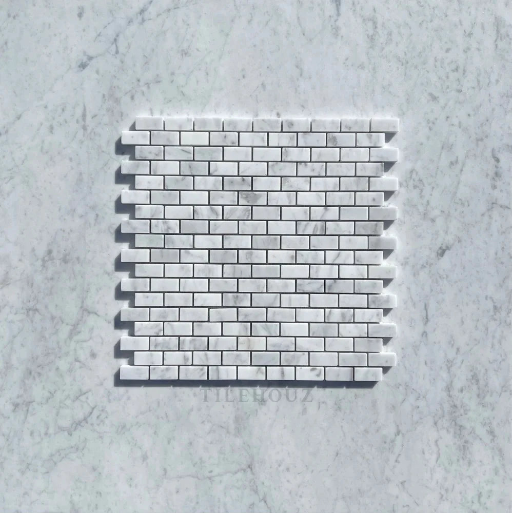 Carrara White Marble baby brick mosaic tile sheet 5/8 x 1/4 by Tilehouz, polished & honed