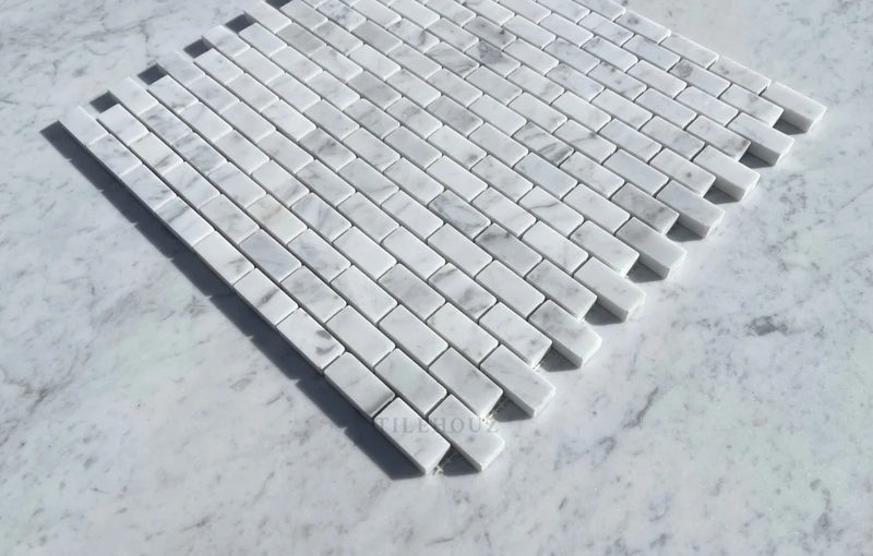Carrara White Marble 5/8 X 1 1/4 Baby Brick Mosaic Tile Polished&Honed
