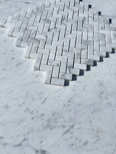 Carrara White Marble 5/8 X 1 1/4 Mini Herringbone Mosaic Tile Polished&Honed