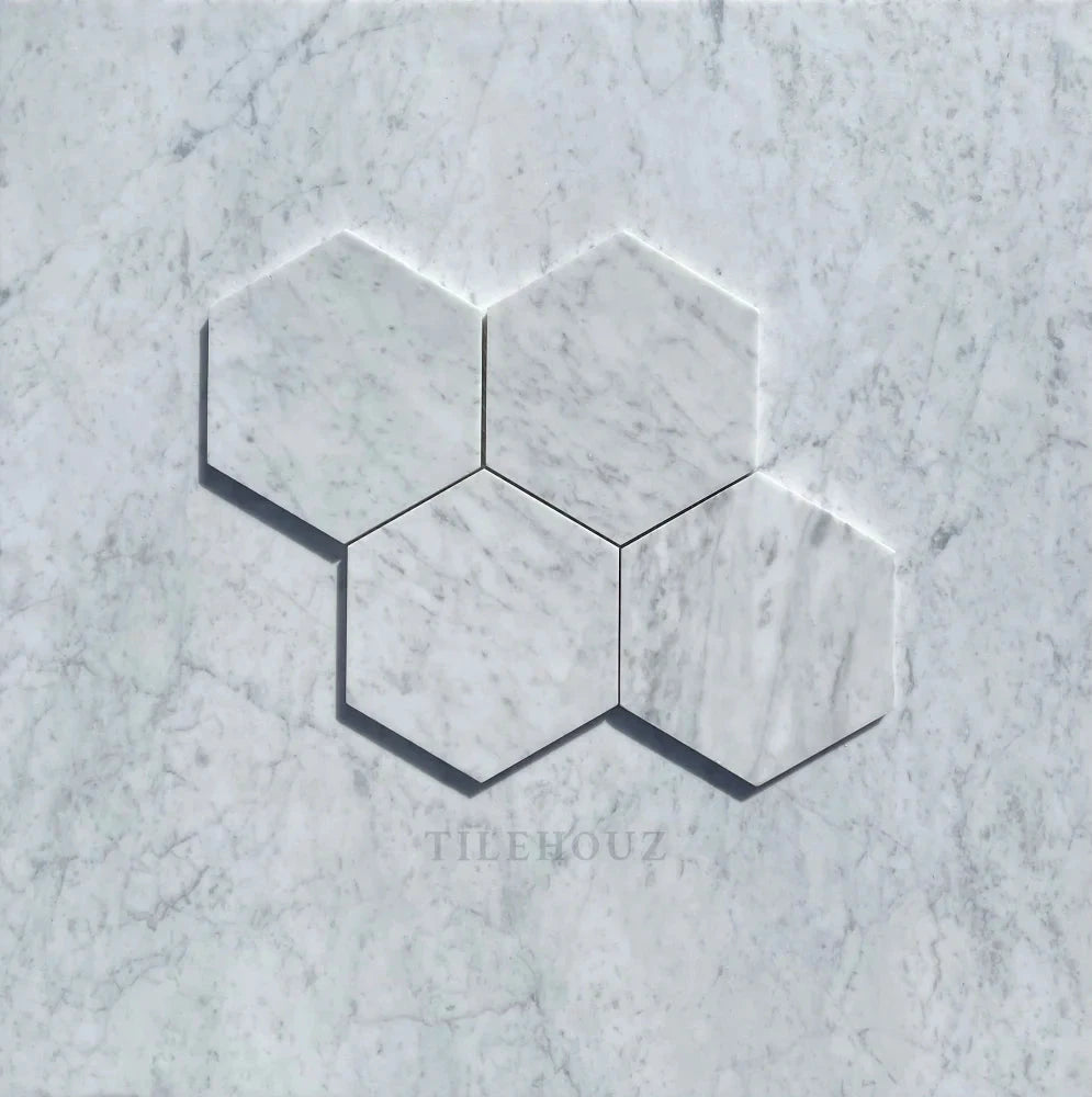 Tilehouz Carrara White Marble 6-inch hexagon mosaic tiles; polished &amp; honed finish for wall &amp; ceiling