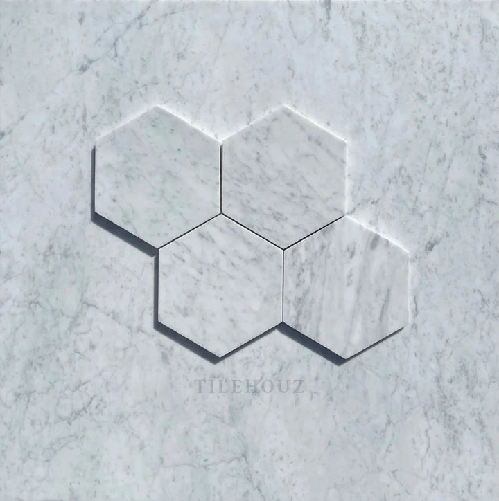 Tilehouz Carrara White Marble 6-inch hexagon mosaic tiles; polished &amp; honed finish for wall &amp; ceiling