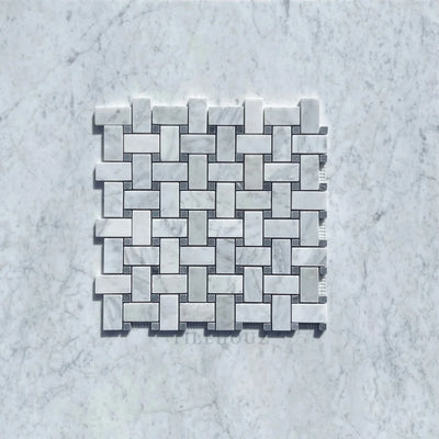 Carrara White Marble Basketweave Mosaic Tile (W/ Bardiglio/Blue-Gray Dots) Polished&Honed